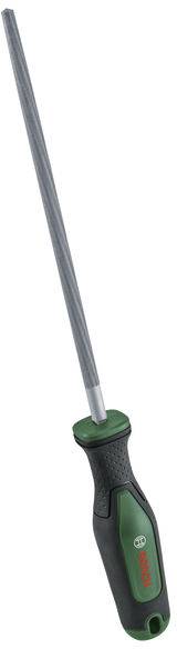 Ein Schraubendreher mit einem schwarz-grünen Griff, auf dessen Seite das Logo einer Werkzeugmarke angebracht ist.