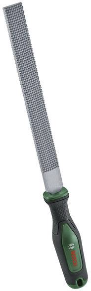 Eine Feile mit schwarzem und grünem Griff aus Metall mit einer strukturierten, rechteckigen Oberfläche, die zum Glätten und Formen von Materialien verwendet wird.