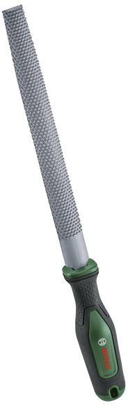 Ein Handfeilen-Werkzeug mit schwarzem und grünem ergonomischem Griff, ausgestattet mit einer gerippten, rechteckigen Metalleile zum Glätten von Oberflächen.