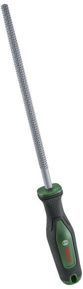 Ein Handwerkzeug mit einer langen, zylindrischen Metallfeile und einem ergonomischen grün-schwarzen Griff, das zum Glätten von Oberflächen verwendet wird.