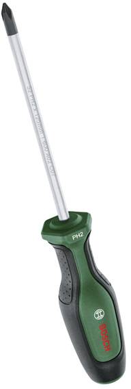 Ein Schraubenzieher mit Kreuzschlitz und grünem sowie schwarzem Griff, mit der Bezeichnung 