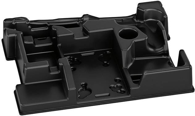 Ein schwarzes Kunststoff-Einsatzfach mit mehreren Fächern, das zur Organización oder zum Schutz verschiedener Gegenstände während des Transports oder der Lagerung konzipiert ist.