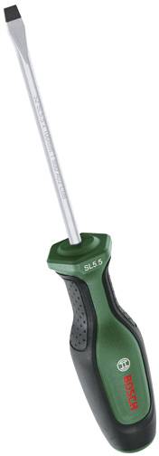 Ein Flachschraubendreher mit grünem und schwarzem Griff, mit einer 5,5-mm-Spitze, mit der Bezeichnung „Bosch