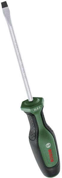 Ein Schlitzschraubendreher mit grünem und schwarzem Griff mit der Bezeichnung 'Bosch SL6.5'.