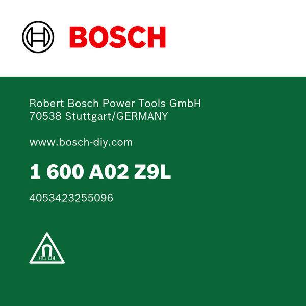 'Robert Bosch Power Tools GmbH, Stuttgart/Deutschland. 1 600 A02 Z9L, 4053423255096.' Bosch-Logo auf grünem Hintergrund.