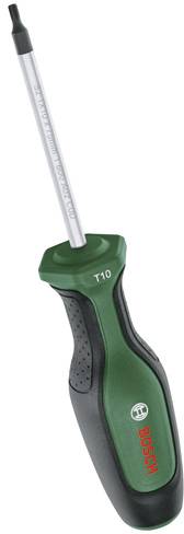 Ein grün und schwarz gefärbter Schraubendreher mit T10-Torx-Kopf, mit einem Bosch-Logo auf dem Griff.