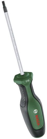 Ein grüner und schwarzer Bosch-Schraubendreher mit T15-Torx-Kopf und ergonomischem Griff, konzipiert für präzises Anziehen und Lösen.