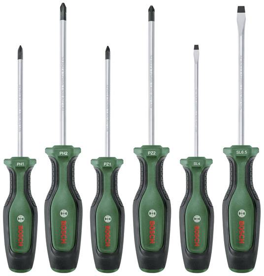 Sechs Bosch-Schraubendreher mit grünen und schwarzen Griffen, bestehend aus drei Phillips- und drei Flachkopfspitzen, Größencodes: PH1, PH2, PZ1, PZ2, SL4, SL6.5.