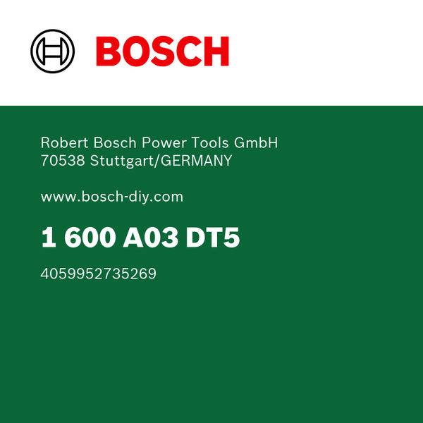 Das Bild zeigt das Bosch-Logo und Kontaktinformationen für Robert Bosch Power Tools GmbH in Stuttgart, Deutschland, mit einer Teilenummer „1 600 A03 DT5