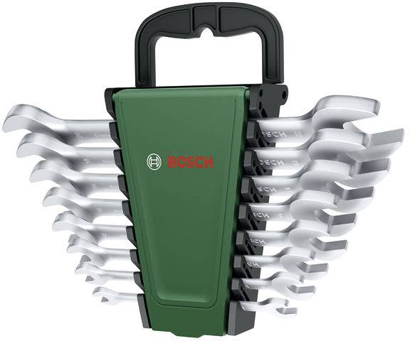 Satz Bosch-Schraubenschlüssel in einem grünen Behälter mit schwarzem Griff, mit fächerartiger Anordnung.