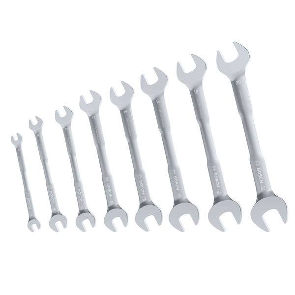 Ein Satz von neun Schraubenschlüsseln in zunehmender Größe, in einer Reihe vom kleinsten zum größten angeordnet, die verschiedene Offenmaul-Größen zeigen.