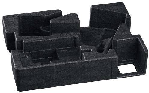 Eine schwarze Schaumstoffeinlage mit verschiedenen Fächern und Ausschnitten, die speziell dazu konzipiert ist, bestimmte Gegenstände sicher an ihrem Platz zu halten.