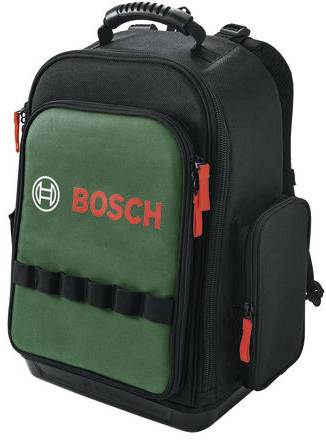 Ein schwarzer und grüner Bosch-Rucksack mit mehreren Fächern, roten Reißverschlussakzenten und einem Tragegriff oben, konzipiert für die Werkzeuglagerung und den Transport.
