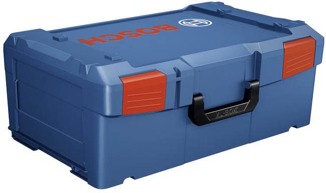 Blauer Bosch-Werkzeugkasten mit schwarzem Griff und roten Akzenten, konzipiert zum Transportieren von Werkzeugen oder Ausrüstung.