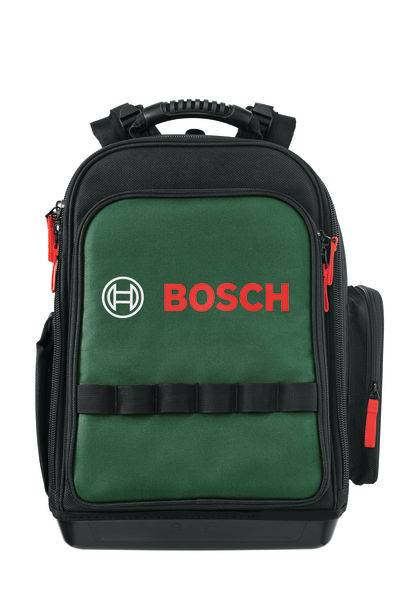 Ein schwarzer und grüner Bosch-Rucksack mit roten Reißverschlüssen und einem Logo auf der Vorderseite. Entwickelt für die Werkzeuglagerung mit mehreren Fächern.