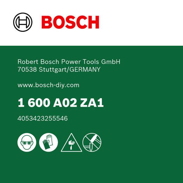 Bosch-Logo oben; darunter Kontaktdaten für Robert Bosch Power Tools GmbH, Produktcode '1 600 A02 ZA1' und Symbole für Sicherheitsanweisungen.