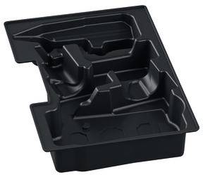 Ein schwarzes, geformtes Kunststofftablett mit verschiedenen Fächern, das zum Organisieren von Beschlägen oder Werkzeugen konzipiert ist.