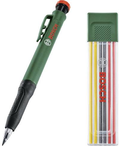 Ein grüner mechanischer Bleistift und ein Etui mit farbigen Minen mit „BOSCH