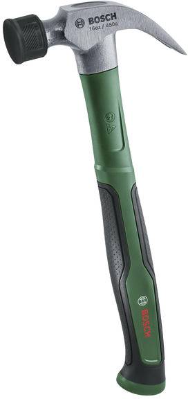 Ein grüner und schwarzer Bosch-Hammer mit metallischem Kopf, mit Klaue und texturiertem Griffgriff für verbesserte Handhabung.