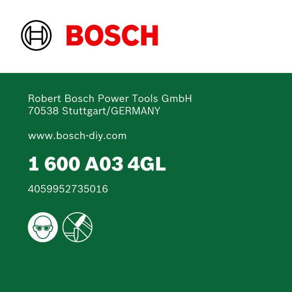 Etikett mit Bosch-Logo und grünem Hintergrund, das Kontaktdaten für Robert Bosch Power Tools GmbH in Stuttgart, Deutschland anzeigt, einschließlich Modell- und Seriennummern.