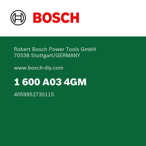 Die Karte zeigt oben "Bosch". Darunter ist aufgelistet: "Robert Bosch Power Tools GmbH, 70538 Stuttgart/Deutschland" gefolgt von "1 600 A03 4GM" und "4059952735115".