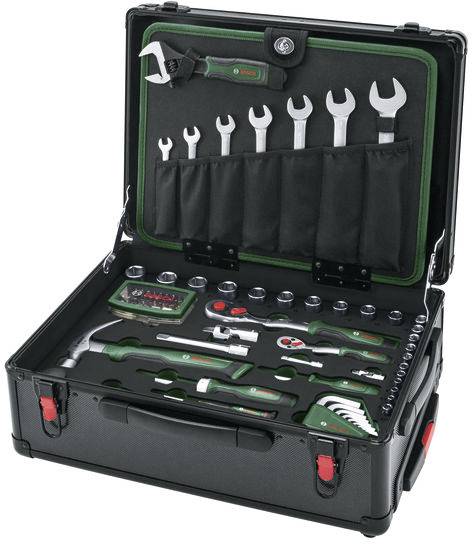 Ein schwarzer Werkzeugkasten, der geöffnet wurde, offenbarte einen Satz silberner Schraubenschlüssel, Stecknüsse und Schraubendreher, die ordentlich in Schlitzen und Taschen organisiert waren.