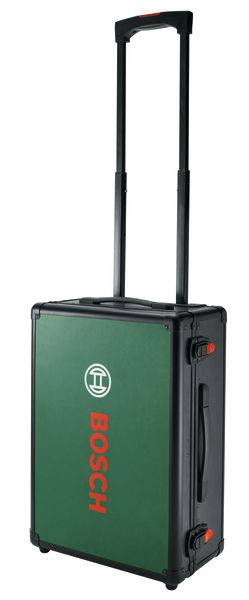 Ein grüner und schwarzer fahrbarer Werkzeugkoffer von Bosch mit ausziehbarem Griff, auf dessen Vorderseite das Bosch-Logo prominent angebracht ist.