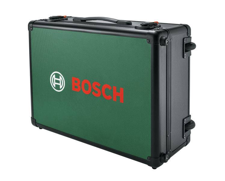 Grüner und schwarzer Werkzeugkasten mit Bosch-Markenlogo, Griff und sicheren Verschlüssen, konzipiert für Transport und Lagerung von Werkzeugen.