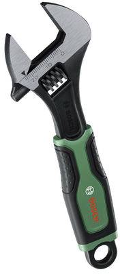Verstellbarer Schraubenschlüssel mit grünem und schwarzem Griff, Markenname „Bosch