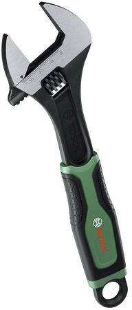 Eine verstellbare Schlüssel mit grünem und schwarzem Griff, mit Bosch-Logo gekennzeichnet.