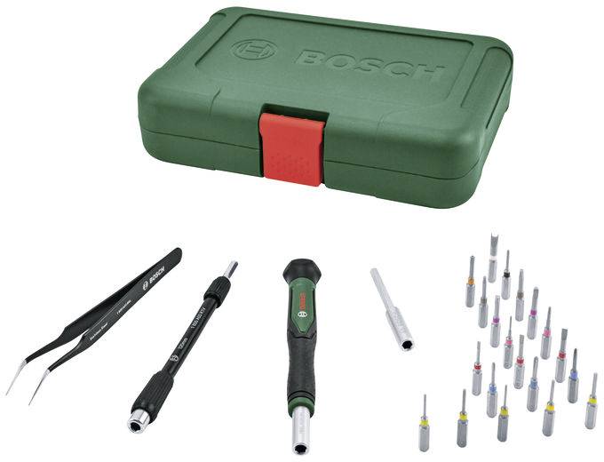 Ein grünes Bosch-Werkzeugset mit einem Präzisions-Schraubendreher, einer Verlängerung, einer Pinzette und verschiedenen austauschbaren Bits, die in einem Set organisiert sind.