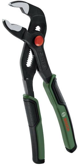 Verstellbare Zange mit grünen und schwarzen Griffen, roter Einstelltaste und silbernen Greifbacken, gekennzeichnet mit dem „Bosch