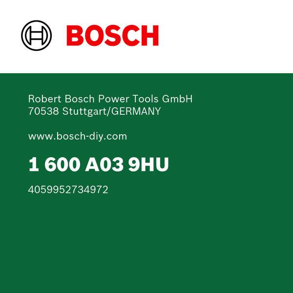 'Robert Bosch Power Tools GmbH, 70538 Stuttgart-Deutschland. 1 600 A03 9HU. 4059952734972.' Weißer Text auf grünem Hintergrund, Bosch-Logo.
