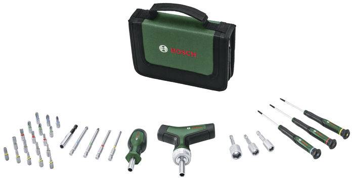 Ein Werkzeugsatz mit grünen Schraubendrehern, verschiedenen Aufsätzen und einem kompakten schwarzen und grünen Transportkoffer mit 