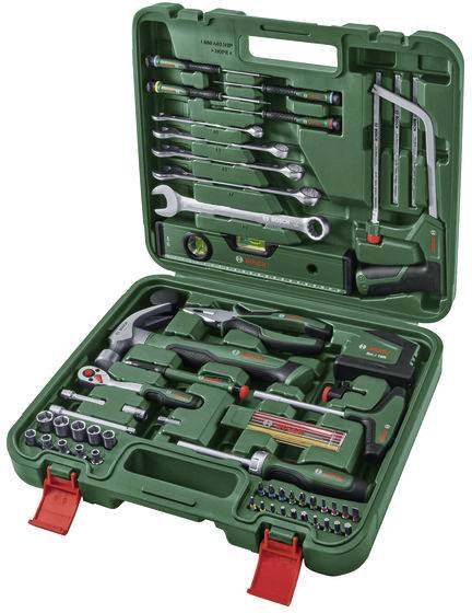 Eine grüne Kunststoff-Werkzeugkiste mit einer Vielzahl von Werkzeugen, darunter Schraubenschlüssel, Schraubendreher, eine Wasserwaage und ein Stahllineal.