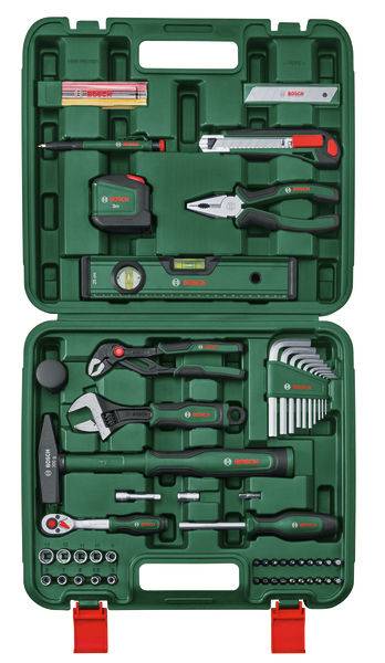 Eine grüne Werkzeugbox mit verschiedenen Werkzeugen, einschließlich Zangen, Schraubenschlüsseln, Schraubendreher, Stahllineal und Innensechskantschlüsseln, ordentlich in Fächern organisiert.
