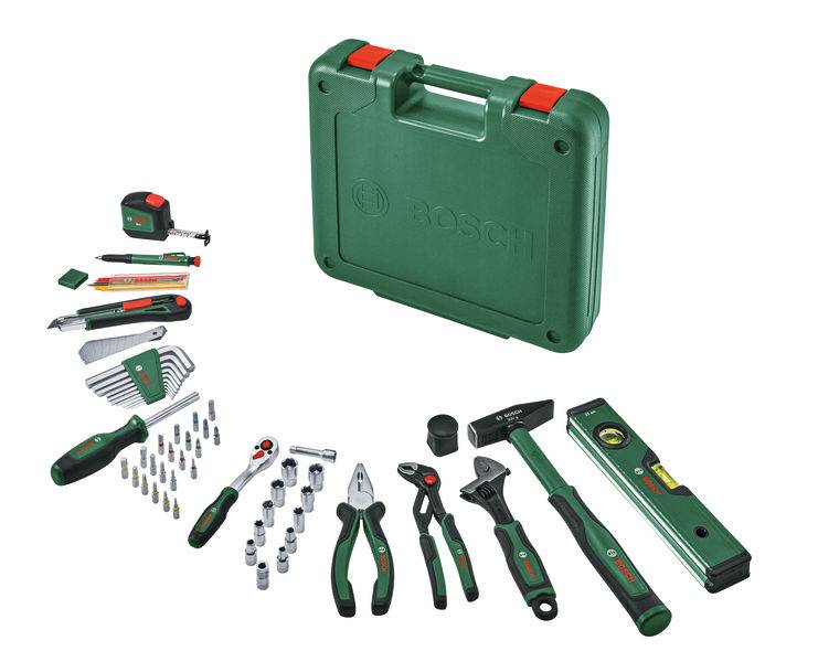Ein grüner Werkzeugsatz mit Griff enthält ein Stahllineal, einen Hammer, eine Zange, Schraubendreher, Schraubenschlüssel, Steckschlüssel und ein Universalmesser.