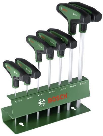 Bosch T-Griff-Innensechskantschlüssel-Set mit fünf Größen, gekennzeichnet mit HEX 2 bis HEX 10, montiert auf einem grünen Ständer.