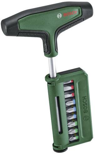 Grüner und schwarzer Bosch-Schraubendreher-Satz mit mehreren befestigten Bits, mit T-förmigem Griff für einfache Handhabung und vielseitige Verwendung.