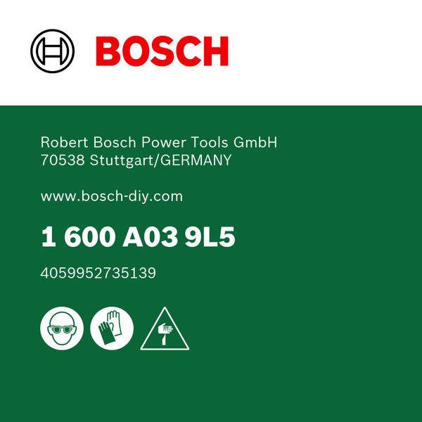 Eine grüne Karte mit dem Bosch-Logo und dem Text: „Robert Bosch Power Tools GmbH, 70538 Stuttgart/Germany, www.bosch-diy.com". Modell „1 600 A03 9L5" und Warnsymbole.