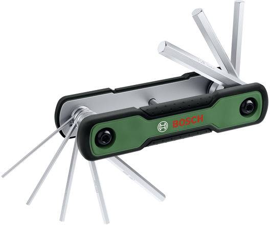 Ein Bosch-Multitool mit mehreren ausgefahrenen Innensechskantschlüsseln, mit grünem und schwarzem Griff.