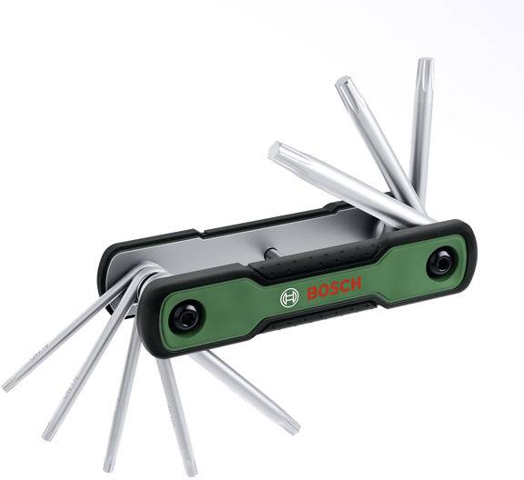 Ein Bosch-Multitool mit mehreren ausgefahrenen Metallzacken aus einem kompakten grün-schwarzen Gehäuse, geeignet für verschiedene mechanische Aufgaben.