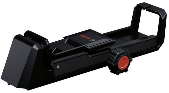 Verstellbarer Werkzeughalter mit schwarzem Sockel, rotem Drehknopf und „Bosch