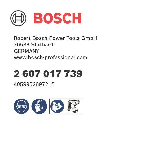 Logo für Bosch Elektrowerkzeuge mit Kontaktinformationen: 'Robert Bosch Elektrowerkzeuge GmbH, 70538 Stuttgart, Deutschland'. Website und Telefonnummer enthalten. Sicherheitssymbole angezeigt.