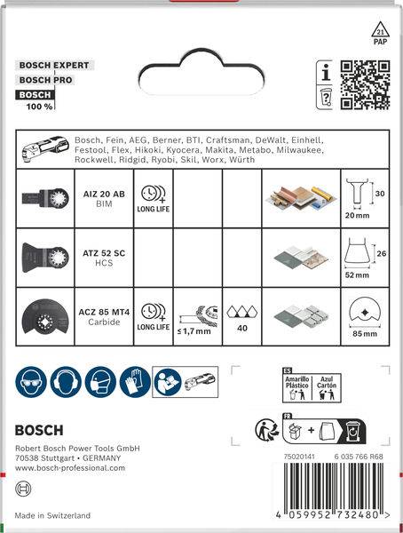 Bosch-Werkzeugkompatibilitätstabelle für verschiedene Marken und Modelle; listet Arten von Sägeblättern, Schleifblättern und Zubehör mit Gittersymbolen auf.