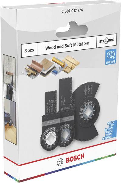 Bosch 3-teiliges Holz- und Weichemetal-Set in Starlock-Verpackung, mit Schneidblättern für verschiedene Materialien.