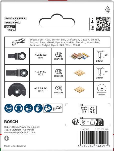 Bosch Professional Oszillierendes Multitool-Zubehör-Verpackung. Zeigt drei Blatttypen mit Anwendungen: Schneiden von Holz, Metall und Kunststoff.