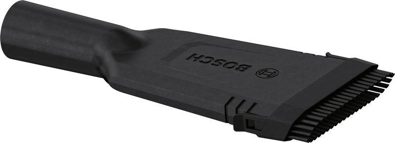 Ein schwarzes Bosch-Flachdüsen-Aufsatzstück für Staubsaugerschläuche, ausgestattet mit feinen Borsten am Ende zum Reinigen von engen Räumen.