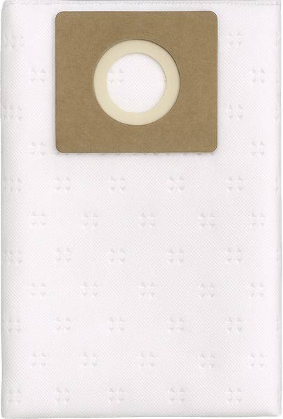 Ein weißer Staubsaugerbeutel mit einer braunen kreisförmigen Öffnung in der Mitte oben, konzipiert zum Sammeln von Staub und Verschmutzungen.