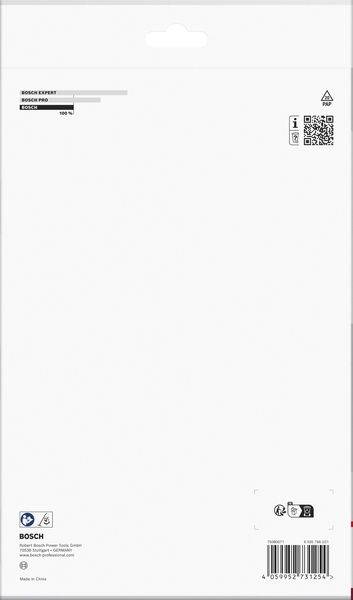 Rückansicht einer Bosch-Verpackung mit Logos, Barcode, Seriennummer und Sicherheitssymbolen.